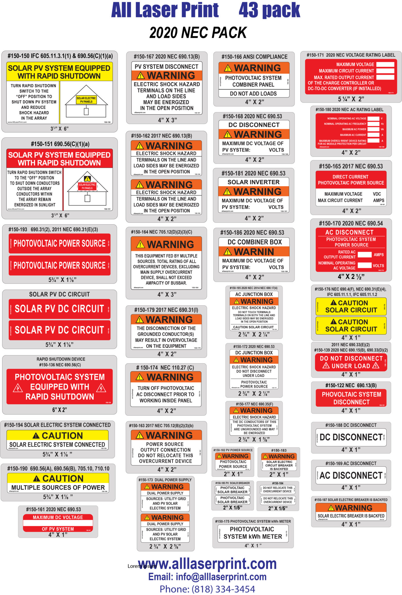 100-102_Solar Safety Labels- Pack of 43-2014, 2017 and 2020 NEC Pack ...